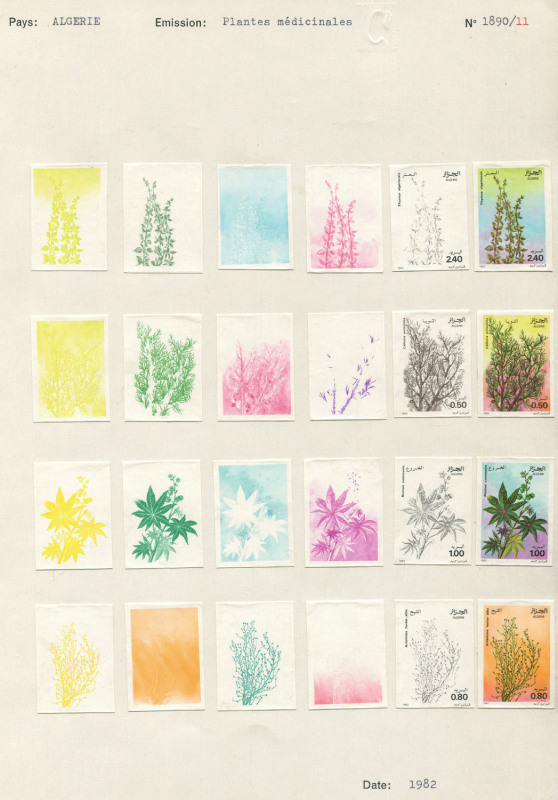 REST OF THE WORLD - Thematics: Flowers & Plants - Proofs: Algeria 1982 Medicinal Plants, Courvoisiers' original colour separations and completed designs, all imperforate and affixed to the official Archival album page [#1890], dated 1982. Beautiful and u