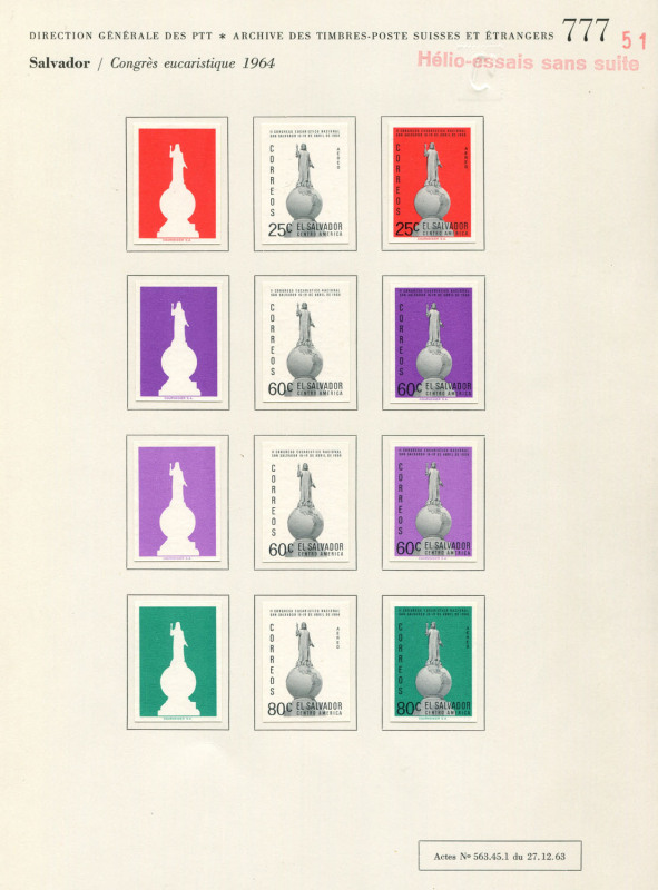 REST OF THE WORLD - Thematics: Religion - Proofs: El Salvador 1964 Eucharistic Congress Issue, Courvoisiers' original colour separations, colour trials & unadopted completed designs, all imperforate & affixed to the official Archival album pages [#776 & 7