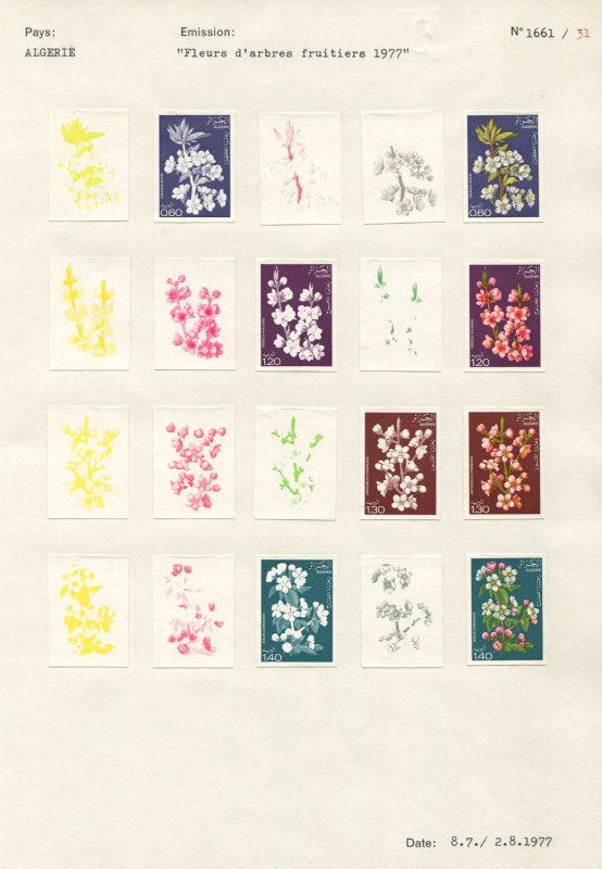 REST OF THE WORLD - Thematics: Trees - Proofs: Algeria 1977 Flowering Trees Courvoisiers' original colour separations & completed designs, all imperforate affixed to the official Archival album pages [#1661], dated 2/8/1977. Beautiful & unique (20 items).