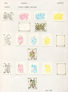 REST OF THE WORLD - Thematics: Trees - Proofs: Algeria 1993 Flowering Trees complete set of imperforate colour separations for the three denominations affixed to a single page from the printer's records. Ex Courvoisier Archives. (18 proofs)