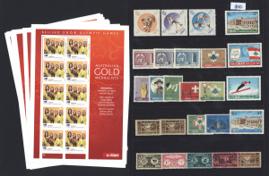 REST OF THE WORLD - General & Miscellaneous Lots: Balance of consignment with Australia 2008 Olympics 50c Medallist sheetlets (14, FV: $70), Lebanon mostly mint selection, Olympic thematics, GB & Australia loose stamps plus few covers; also Sydney 2000 Torch Relay pin collection and a few phonecards. (Small qty)