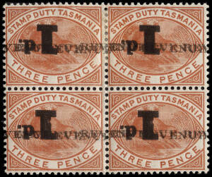 1903 (C&I 56-59) 3d Chestnut Platypus overprinted REVENUE & 1d; a study of the varieties with corner blk.12 showing diffent fonts for '1' in 1d with slanting & square tops, inverted 1d in blk.4, blk.4 with serifed 1 & blk.4 with inverted serifed 1d & doub