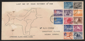 CHRISTMAS ISLAND: 1958 Last Day of Issue cover for Singapore issues used in Christmas Island with 1955-59 1c to 50c tied by Malay-type CHRISTMAS ISLAND '14OCT58' datestamp, plus First Day of Issue cover for Christmas Island issues with Overprints 2c to $1 set tied by CHRISTMAS ISLAND/INDIAN OCEAN '15OC58' FDI datestamps, both cover with identical map of island illustrations. (2)