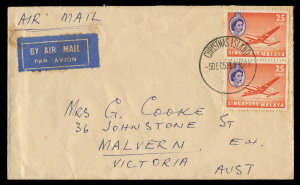 1956 (Dec.5) airmail cover to Australia with Singapore 25c Aircraft pair tied by superb strike of Malay-type 'CHRISTMAS ISLAND' datestamp; also two 1974 commercial covers to Australia with 10c frankings tied by large (43mm) double-ring 'CHRISTMAS GREETINGS FROM CHRISTMAS ISLAND' datestamps. (3 covers)