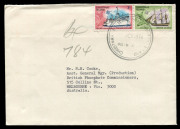 1956 (Dec.5) airmail cover to Australia with Singapore 25c Aircraft pair tied by superb strike of Malay-type 'CHRISTMAS ISLAND' datestamp; also two 1974 commercial covers to Australia with 10c frankings tied by large (43mm) double-ring 'CHRISTMAS GREETING - 2