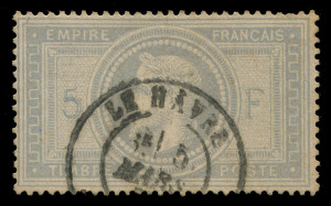 FRANCE: 1849-2001 mostly used collection in three hingeless Lighthouse albums with imperf 1849 Ceres 10c, 15c & 1fr carmine (complete margins, heavy grid cancel, guarantee handstamp, Cat ¬1100), 1853 Napoleon with 5c, 25c and presentable 1fr (Cat ¬4200), perforated 1863 5f fine used with Le Havre datestamp (Cat ¬1100), imperf 1870-71 1c, 2c & 4c, 1881 Susse Perf. 7 selection to 80c (3) incl.10c pair, 1876-90 Peace & Commerce to 2fr & 5r, Mersons to 20f, 1927 Air Overprints 2f & 5r,