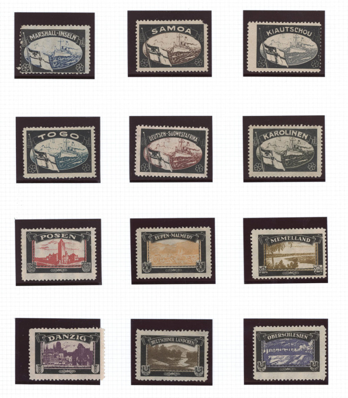 GERMAN COLONIES: Late 1930s mourning cinderellas for lost Colonies or Former Occupied Territories, some toning, "Samoa" with short corner, with or without gum. (12)