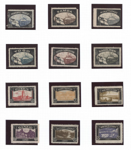 GERMAN COLONIES: Late 1930s mourning cinderellas for lost Colonies or Former Occupied Territories, some toning, "Samoa" with short corner, with or without gum. (12)