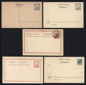 GERMAN COLONIES: Mariana Islands - Postal Cards: 1899-1919 selection unused (19) or CTO (3) comprising H&G.1-2, reply portion of 4 CTO, plus 3, 10 (6), 11 (2), 12 (4), 13 (2), 14-15, & 16 (2), generally fine. (22 items)