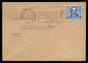 GERMANY - Postal History: West Berlin: 1949 30pf von Goethe scarce solo franking tied by Berlin-Charlottenburg machine cancel to 1950 (Mar.12) commercial cover to United Kingdom.