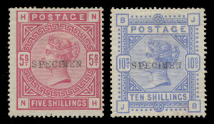 GREAT BRITAIN: 1841-1900 QV Collection incl. imperf 1d red plate complete reconstruction, perforated 1d red 'Stars' complete reconstruction, 1d red plates reasonably complete (few gaps, no Pl.225) in both the rose-red & lake-red shades, plus an almost complete sheet reconstruction, 1858-76 2d blue plates complete incl. Pl.15 optd 'SPECIMEN' (Cat. £250), ½d Bantams (24), 1/- Embossed (3, one cut-to-shape), Surface Printed including 1855-57 Emblems 1/- SG.71-73 (8, one stated to be Azure paper!