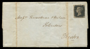 GREAT BRITAIN: 1840 (SG.2) 1d Black [LD] just tied by Maltese Cross cancel in black to 1841 (July 26) entire from Warrington to Preston, stamp just shaved at right, otherwise complete margins, Cat. £750 on cover.