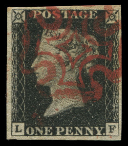 GREAT BRITAIN: 1840 (SG.2) 1d black Plate 1B [LF], WATERMARK INVERTED, complete balanced margins, tidy Maltese Cross cancel in red, Cat &pound;2500.