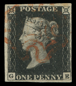 GREAT BRITAIN: 1840 (SG.2) 1d black Plate 1B [GE], complete margins (close at lower right), mild tone at top right, lightly struck Maltese Cross cancel in red, Cat £375.