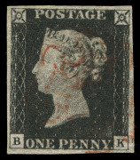 GREAT BRITAIN: 1840 (SG.2) 1d black Plate 2 [BK], complete even margins, lightly struck Maltese Cross cancel in red, Cat &pound;375.