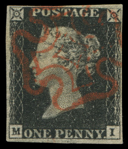 GREAT BRITAIN: 1840 (SG.2) 1d black Plate 4 [MI], complete margins (upper margin close at right), crisp Maltese Cross cancel in orange-red, Cat &pound;400.