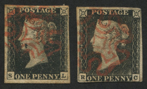 GREAT BRITAIN: 1840 (SG.2) 1d black Plate 5 [RC], just shaved at base and Plate 9 [SL] showing distinctive 'O' flaw, complete margins; both somewhat aged, Maltese Cross cancels in red, Cat. £1000. (2)