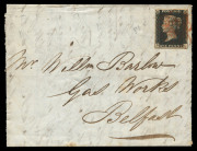 GREAT BRITAIN: GREAT BRITAIN: 1840 (SG.2) 1d black Plate 5 [BL] just tied by Maltese Cross cancel in red to 1840 (July 4) large-part entire to Belfast, stamp just shaved at upper-left, otherwise complete margins, Cat. £750 on cover.