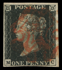 GREAT BRITAIN: 1840 (SG.2) 1d black Plate 6 [MC], complete margins (a tad close at base), Maltese Cross in red, Cat. &pound;375.