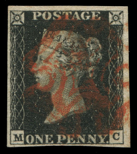 GREAT BRITAIN: 1840 (SG.2) 1d black Plate 6 [MC], complete margins (a tad close at base), Maltese Cross in red, Cat. £375.