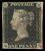 GREAT BRITAIN: 1840 (SG.2) 1d black Plate 7 [JL] and Plate 8 [QG] both with close but complete margins; lightly struck Maltese Cross cancels in red, Cat. &pound;925. (2)