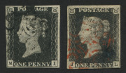 GREAT BRITAIN: 1840 (SG.2) 1d black Plate 7 [JL] and Plate 8 [QG] both with close but complete margins; lightly struck Maltese Cross cancels in red, Cat. &pound;925. (2) - 2