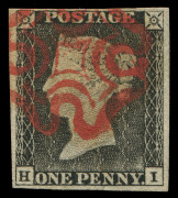 GREAT BRITAIN: 1840 (SG.3) 1d grey-black (worn plate) Plate 1A [HI], complete margins (close at top), bold strike of Maltese Cross cancel in deep red, Cat £500.