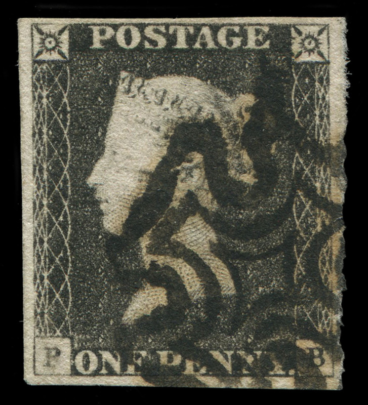 GREAT BRITAIN: 1840 (SG.3) 1d grey-black (worn plate) Plate 3 [PB], complete margins, bold Maltese Cross cancel in black, Cat £500. Popular corner letter combination which can serve as acronym for "Penny Black".
