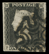 GREAT BRITAIN: 1840 (SG.3) 1d grey-black (worn plate) Plate 3 [PB], complete margins, bold Maltese Cross cancel in black, Cat &pound;500. Popular corner letter combination which can serve as acronym for "Penny Black".