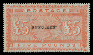 GREAT BRITAIN: 1867-83 (SG.133s) &pound;5 orange Plate 1 with Type 9 'SPECIMEN' overprint, full gum with light hinge remnant, Cat. &pound;3500. Very fresh.