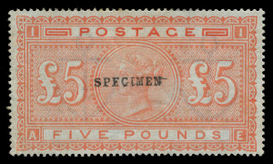 GREAT BRITAIN: 1867-83 (SG.133s) £5 orange Plate 1 with Type 9 'SPECIMEN' overprint, full gum with light hinge remnant, Cat. £3500. Very fresh.