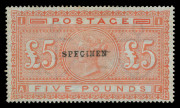 GREAT BRITAIN: 1867-83 (SG.133s) £5 orange Plate 1 with Type 9 'SPECIMEN' overprint, full gum with light hinge remnant, Cat. £3500. Very fresh.