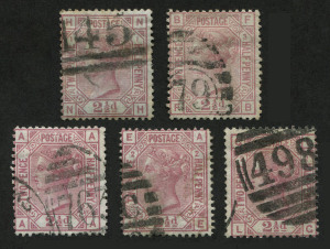 GREAT BRITAIN: 1873-80 (SG.138-39) Large Coloured Corner Letters Wmk Small Anchor 2½d rosy mauve White Paper Plates 1 to 3 plus additional Pl. 2 with WATERMARK INVERTED; also Blued Paper Plate 1; very good to fine condition, Cat £800. (5)