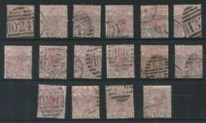 GREAT BRITAIN: 1873-80 (SG.141-42) Large Coloured Corner Letters Wmk Orb 2½d rosy mauve Plates 3 to 17 complete, plus additional Pl.16 WATERMARK INVERTED, also 2½d blue Plates 17 to 20 complete; some stamps with mild toning, generally very good to fine condition, Cat £2,000+. (18)
