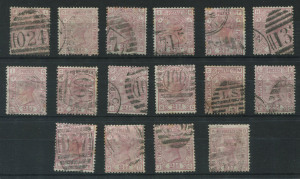 GREAT BRITAIN: 1873-80 (SG.141-42) Large Coloured Corner Letters Wmk Orb 2½d rosy mauve Plates 3 to 17 complete, plus additional Pl.16 WATERMARK INVERTED, also 2½d blue Plates 17 to 20 complete; some stamps with mild toning, generally very good to fine co