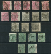 GREAT BRITAIN: 1873-80 (SG.143-50) Large Coloured Corner Letters Wmk Spray 3d rose Plates 11 to 20 complete (ex Pl.12 & 17; Pl.16 internal fault), 6d grey Plates 13 to 17 complete plus Pl.17 WATERMARK INVERTED, 1/- green Plates 8 to 13 including Pl. 9 de - 2