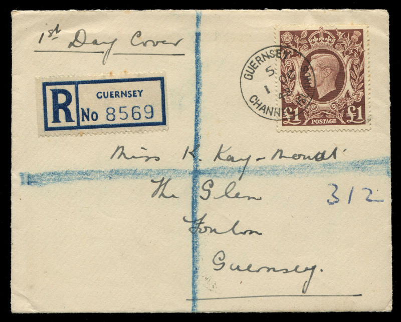 GREAT BRITAIN: 1939-48 (SG.478c) £1 Arms tied to plain registered FDC by superb GUERNSEY '1OC/48' FDI datestamp, Cat. £325.