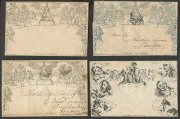 GREAT BRITAIN - Postal Stationery: 1840 Mulready Lettersheets 1d stereo A182 very fine unused & 1d stereo A223 used from Arundel (backstamp) to London, weak Maltese Cross cancels in black; 2d stereo a200 very fine unused, plus 2d stereo (wax seal over ste - 2