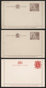 GREAT BRITAIN - Postal Stationery: Letter Cards: 1902-25 (Huggins & Baker LCP.2-12 selection) KEVII-KGV selection with KEVII 1d LCP2 (2 unused, 4 used), LCP3 (unused & 3 used), LCP4 (2 unused, one addressed), KGV 1½d Wembley 1924 (3 unused) & 1925 (2 unused); some spotting, generally fine.