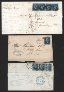 GREAT BRITAIN - Postal History: 1844-68 2d Blue on-cover selection comprising 1844 Newark to Yorkshire with imperf White Lines Added 2d pale blue strip of 4 (LA-LD. cut-into in places) tied by BN '541' cancels, 1865 London to Prague with perforated 2d Pl.9 strip of 3 and superb 'AUS ENGLAND PER AACHEN/FRANCO' transit (in blue) on face, 1868 Glasgow to London with perforated 2d Pl.9 single; minor blemishes. (3 items)