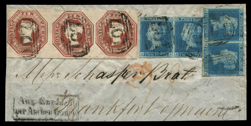 GREAT BRITAIN - Postal History: 1849 (Mar.1) large-part outer to Frankfurt, Germany with impressive franking of Embossed 10d brown Die 1 strip of 3 (largely complete margins, right-hand unit with "Doubling of impression at top of Queen's head and outside