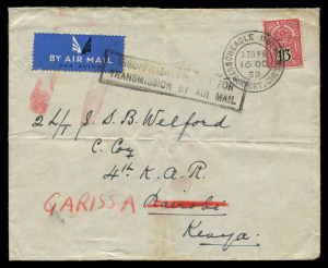 GREAT BRITAIN - Postal History: 1939 (Oct.16) family cover to military officer in Kenya with invalid use of 1/3d Health & Pensions Insurance revenue stamp tied by CHEADLE HULME datestamp, remarkably untaxed, airmail label scored-through and 'INSUFFICIENTL