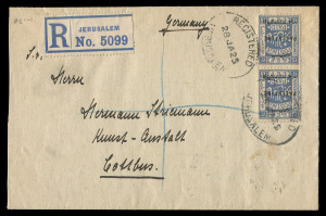 ISRAEL - Postal History: Palestine 1922-48 postal history group comprising 1922 PPC (small tear) to Germany with overprinted 1m & 5m tied by HAIFA '4AU22' datestamp; 1925 cover to Germany with overprinted 13m pair tied by 'REGISTERED/JERUSALEM' oval dates