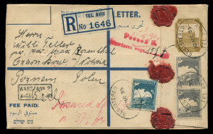 ISRAEL - Postal History: Palestine 1933-1935 use of uprated 13m Registration Envelopes from Tel Aviv to European destinations comprising 1933 (Mar 1) airmail to Vienna with 10m Dome pair & 5m Citadel added; 1933 (Oct 25) to jusq'au airmail to Prague with
