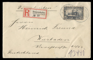 NEW GUINEA - German (Deutsch) New Guinea: 1901 (Mi.18) 3 Mark violet-black single attractively tied on 1906 (Oct) registered cover from SIMPSONHAFEN to Germany with WIESBADEN '24.12.06' arrival backstamp. A.P.S. Certificate (2003).