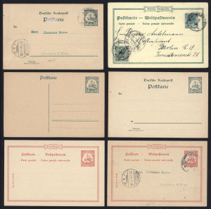 NEW GUINEA - German (Deutsch) New Guinea: Postal Card selection with unused 5pf 'DEUTSCH-NEUGUINEA' and 5pf & 10pf 'DEUTSCH-NEU-GUINEA' plus 1901 usage of both values from Herbertshohe to Domitz, Germany; also 1898 use Overprinted 5pf Card with "Gruss aus STEPHANSORT" illustration uprated with Overprinted 5pf, tied by STEPHANSORT datestamp, for transit to Germany. (6 cards)