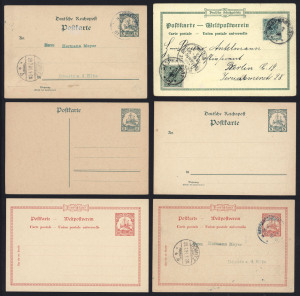 NEW GUINEA - German (Deutsch) New Guinea: Postal Card selection with unused 5pf 'DEUTSCH-NEUGUINEA' and 5pf & 10pf 'DEUTSCH-NEU-GUINEA' plus 1901 usage of both values from Herbertshohe to Domitz, Germany; also 1898 use Overprinted 5pf Card with "Gruss aus