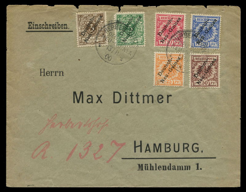 NEW GUINEA - German (Deutsch) New Guinea: 1900-14 covers group comprising 1914(?) commercial to Leipzig with 10pf Yacht tied by Powell Type 38 KAEWIENG datestamp (rated C), also 1900 registered with overprinted 3pf to 50pf tied by HERBERTSHOHE Type 10 dat