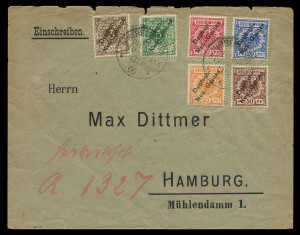 NEW GUINEA - German (Deutsch) New Guinea: 1900-14 covers group comprising 1914(?) commercial to Leipzig with 10pf Yacht tied by Powell Type 38 KAEWIENG datestamp (rated C), also 1900 registered with overprinted 3pf to 50pf tied by HERBERTSHOHE Type 10 datestamps (stamps alone Cat.£130), 1902 with German adhesives tied by Type 28 BERLINHAFEN datestamp (rated C), 1902 with German adhesives tied STEPHANSORT Type 7 datestamp; plus PPCs 1910 SIMPSONHAFEN to USA (view side showing Herbertshohe native