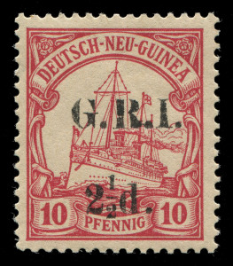 NEW GUINEA - 'G.R.I.' Overprints: 1914-15 mostly mint selection with 5mm Spacing Overprints on stamps of German New Guinea 1d on 5pf green, 2d on 10pf carmine, 2d on 20pf ultramarine & 2½d on 10pf carmine (SG.20, very fine MUH, Cat. £225+), also optd 'OS' 1d on 3pf mint & used (defective); 5mm Spacing Overprints on stamps of Marshall Islands 1d on 5pf, 2d on 10pf carmine & 2d on 20pf ultramarine; some mild toning, generally fine, Cat. £500+.